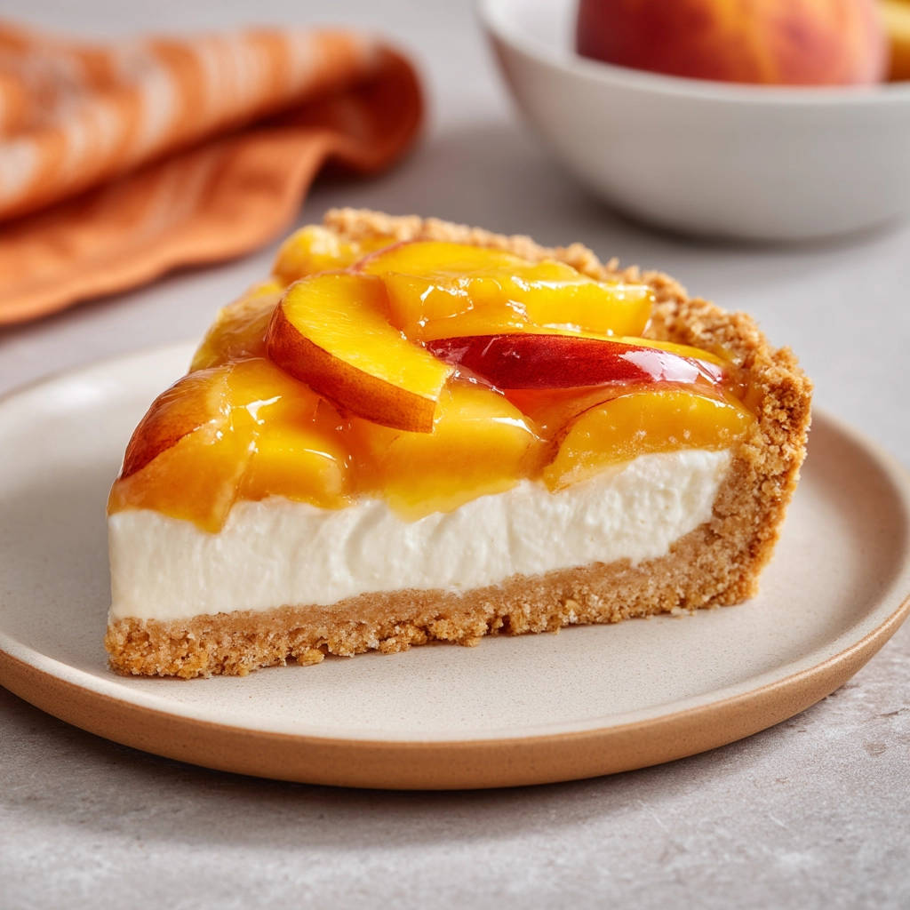 Pfirsich Frischkäse Kuchen ohne Backen als angeschnittene Portion auf einem Teller mit frischen Pfirsichscheiben obendrauf
