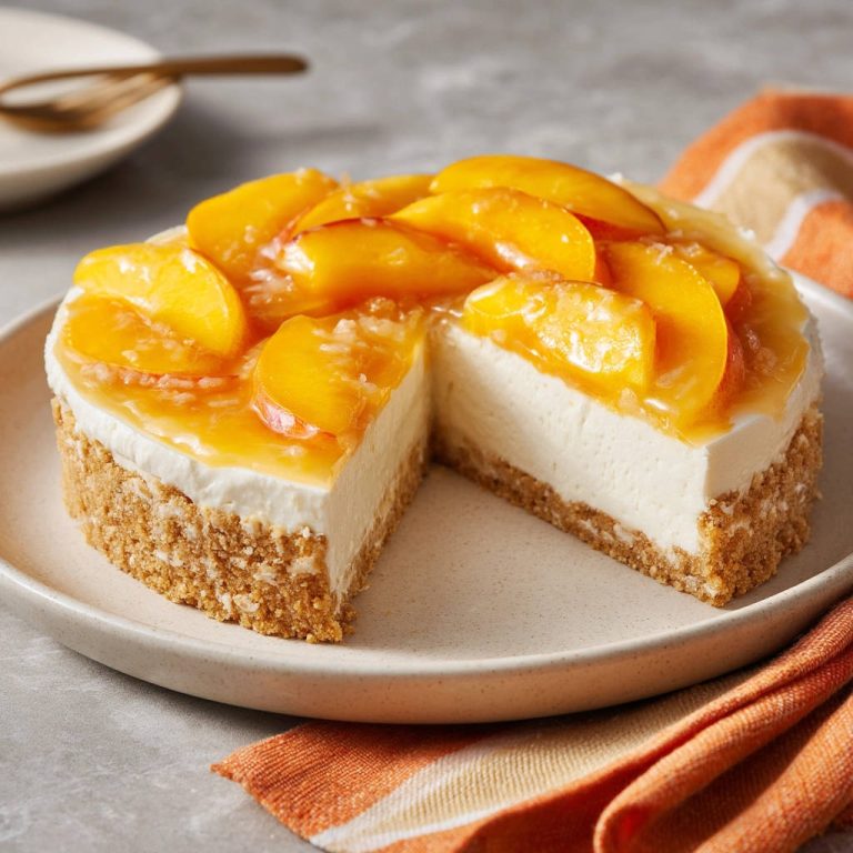 Pfirsich Frischkäse Kuchen ohne Backen angeschnitten auf einer Platte mit frischen Pfirsichscheiben und Glanzschicht, zeigt cremige Konsistenz