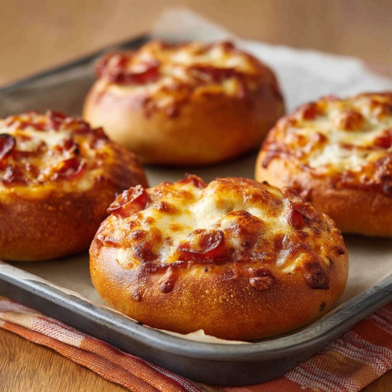 Pizza Brötchen, frisch aus dem Ofen mit geschmolzenem Käse und Pepperoni, nahaufnahme auf einem Backblech