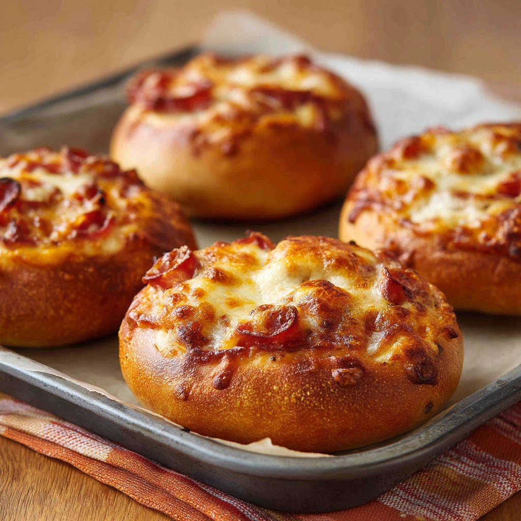 Pizza Brötchen, frisch aus dem Ofen mit geschmolzenem Käse und Pepperoni, nahaufnahme auf einem Backblech