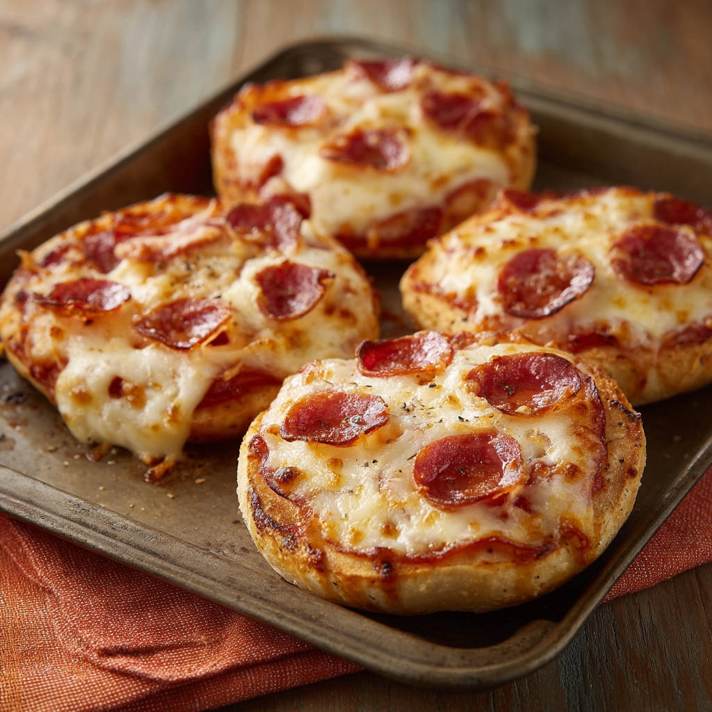 Pizza Brötchen Rezept: Nahaufnahme von vier gebackenen Pizza Brötchen mit geschmolzenem Käse und Peperoni auf einem Backblech.