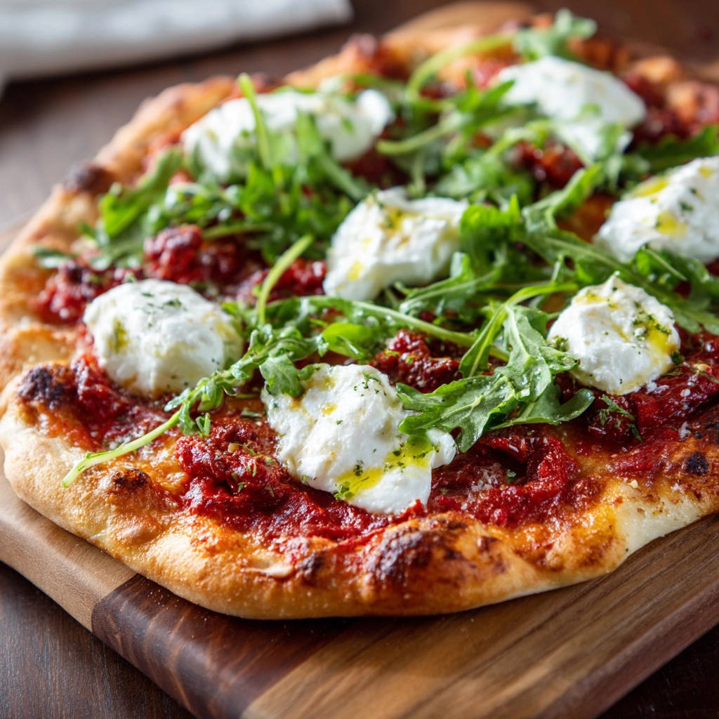 Pizza mit Burrata, Rucola und getrockneten Tomaten, Nahaufnahme mit geschmolzenem Käse und frischem Rucola.