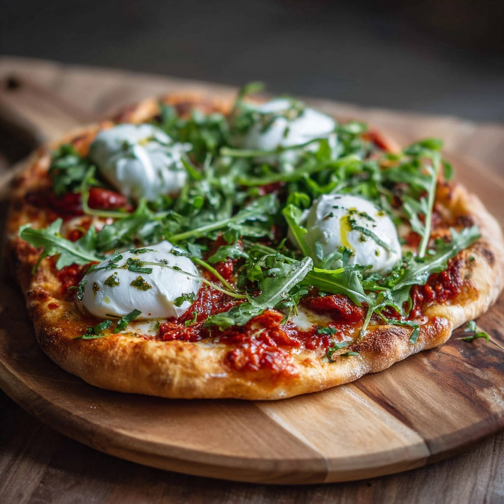 Pizza mit Burrata, Rucola und getrockneten Tomaten, Nahaufnahme der cremigen Burrata-Kugeln auf dem Belag.