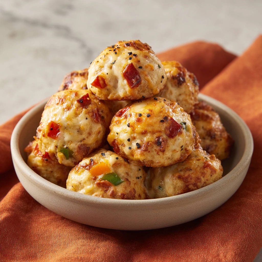 Saftige Pizza-Muffins in einer Schüssel, Nahaufnahme der gebackenen Snacks mit sichtbaren Paprikastücken und Käse.
