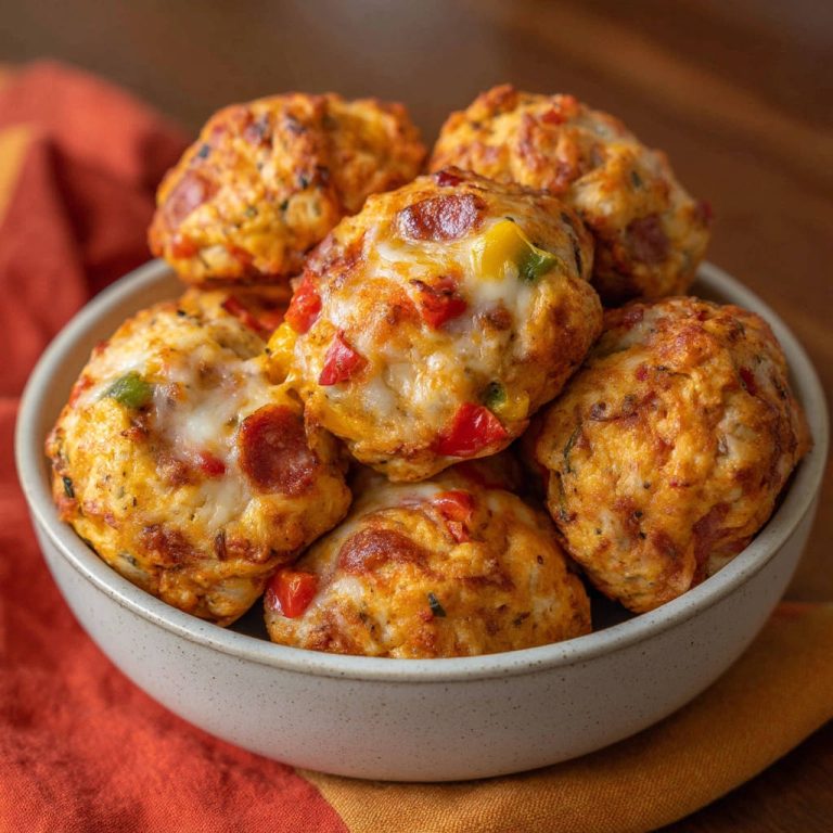 Saftige Pizza-Muffins in einer Schüssel, mit geschmolzenem Käse und bunten Paprikastückchen, die von oben zu sehen sind.