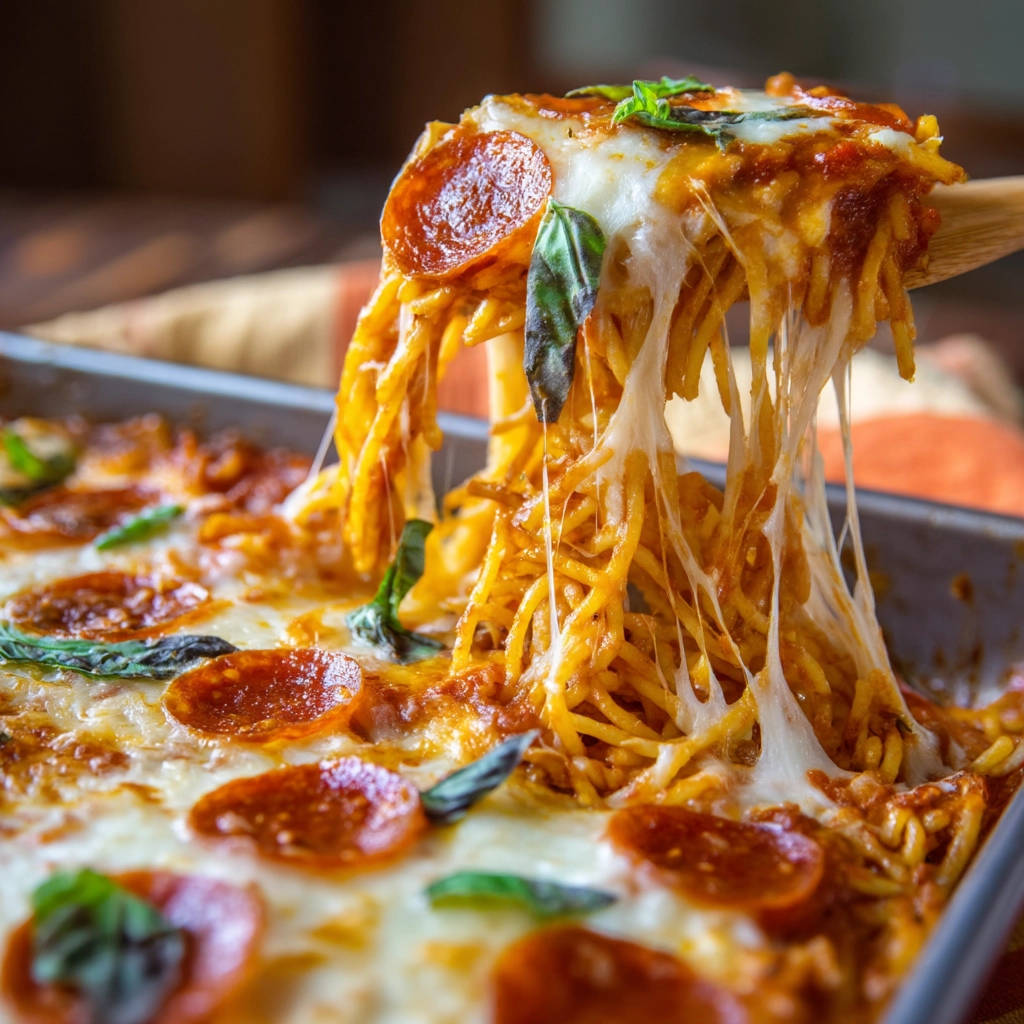 Pizza-Spaghetti-Auflauf mit perfekt gezogenem Käse und Pepperoni, auf einem Holzlöffel serviert.