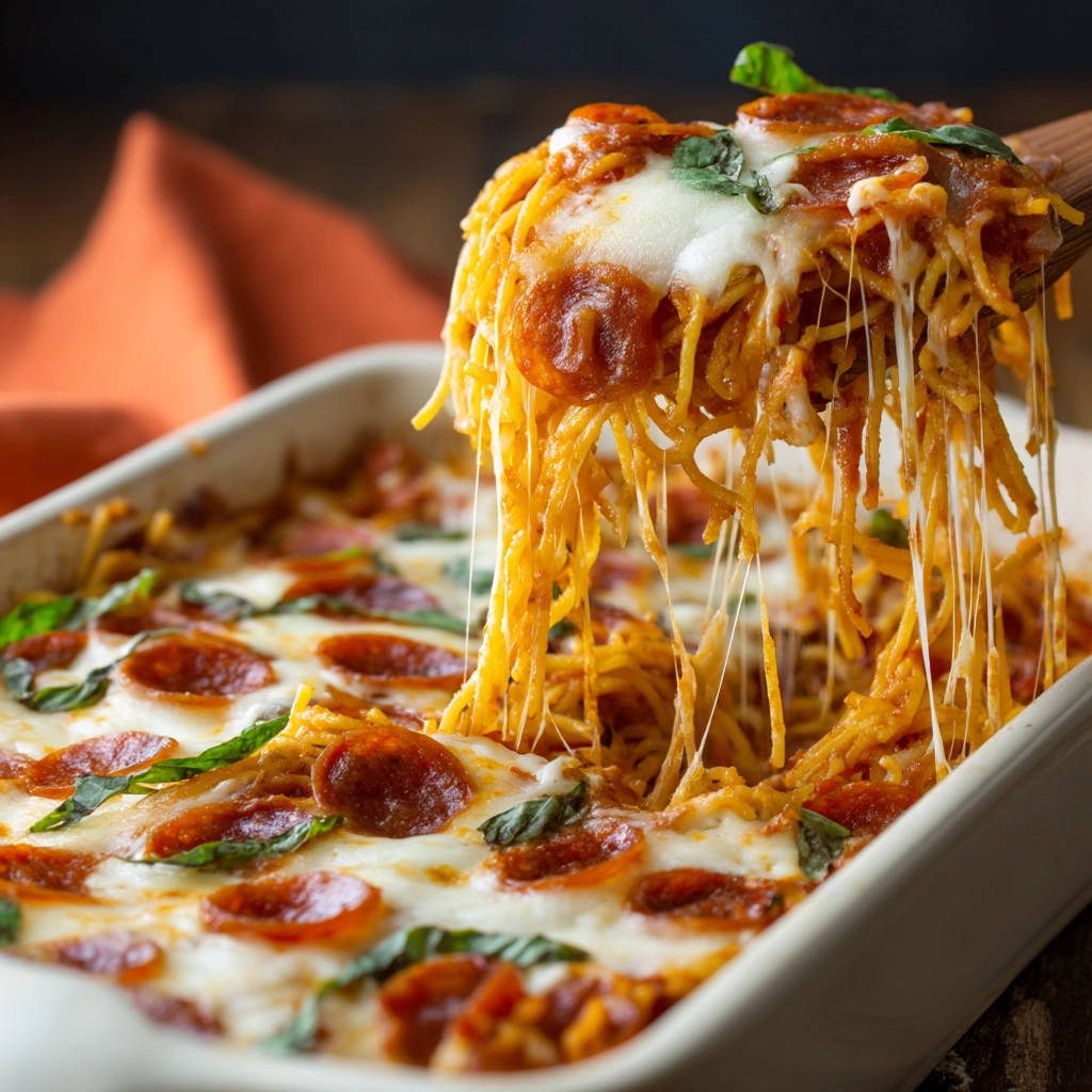 Pizza-Spaghetti-Auflauf mit perfekt gezogenem Käse, wie er aus der Auflaufform serviert wird.