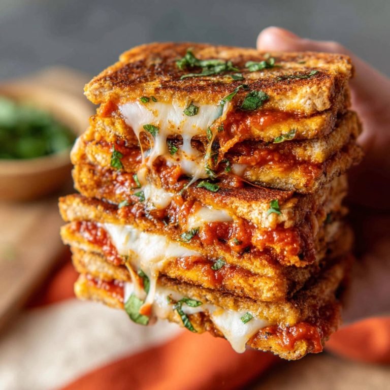 Knusprige Pizza Toasties gestapelt, mit geschmolzenem Käse und Kräutern, eine Nahaufnahme des Innenlebens.