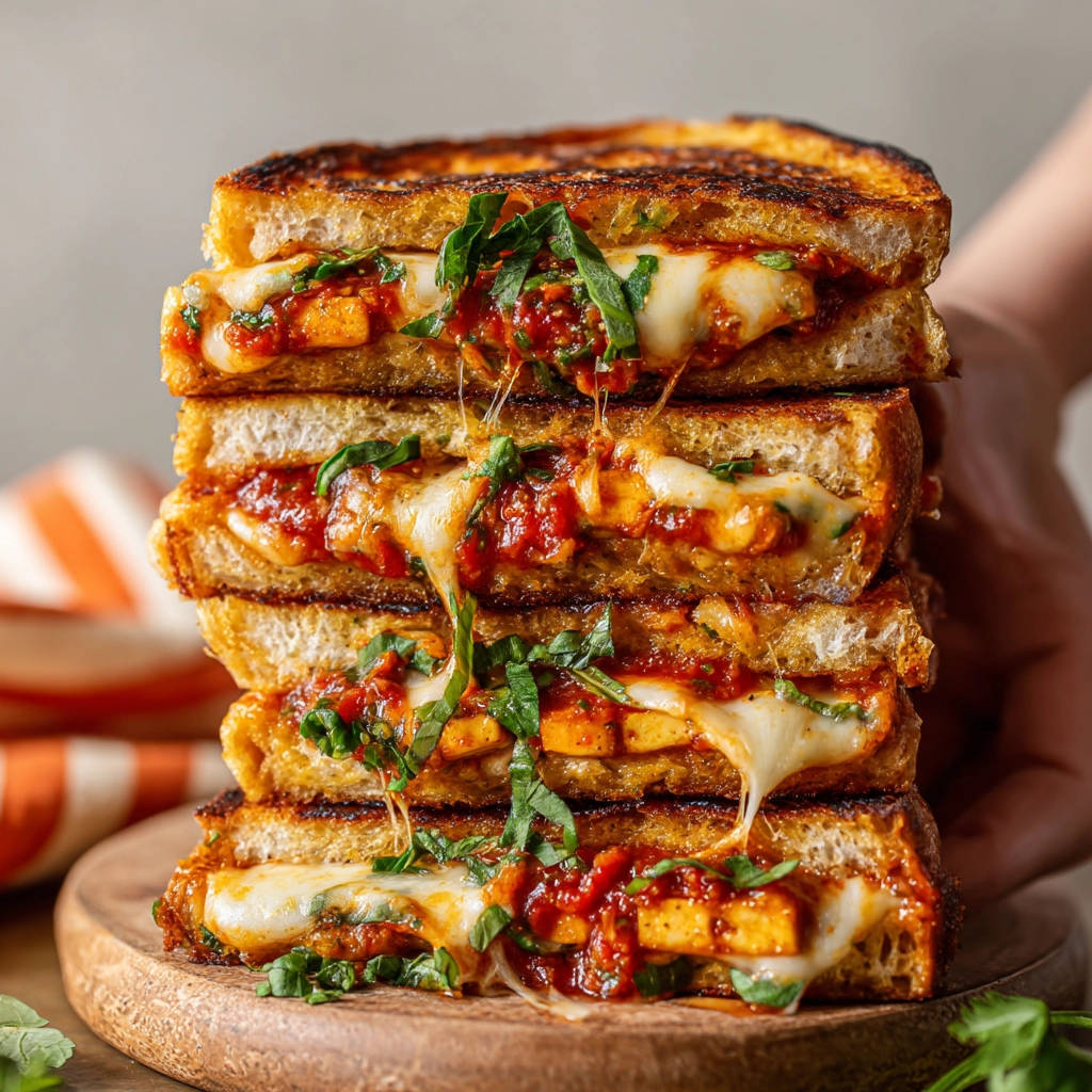 Knusprige Pizza Toasties gestapelt, mit geschmolzenem Käse und Tomatensauce, ein Nahaufnahme-Querschnitt