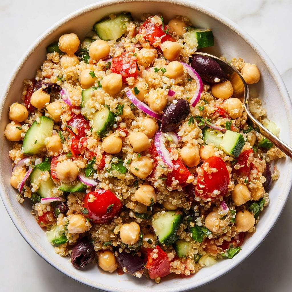 Quinoa-Kichererbsen-Salat in einer Schüssel, eine Nahaufnahme zeigt die Zutaten wie Tomaten, Gurken und Oliven.