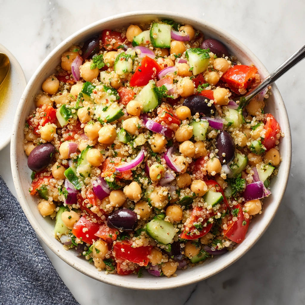 Quinoa-Kichererbsen-Salat von oben in einer Schüssel mit Tomaten, Gurken, Zwiebeln und Oliven, garniert mit Petersilie