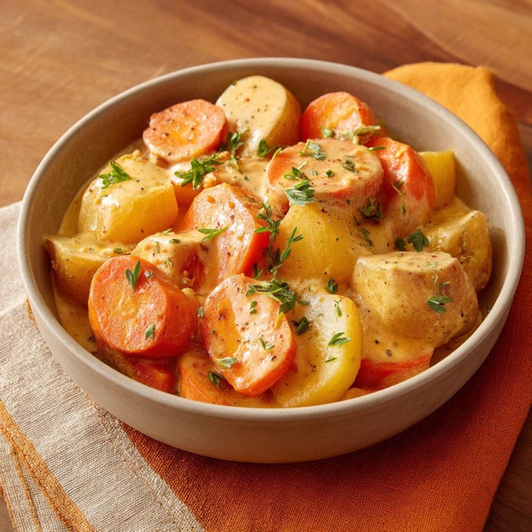 Rahm-Gemüse-Eintopf mit Kartoffeln und Karotten, nahaufnahme der cremigen Sauce und Kräuter