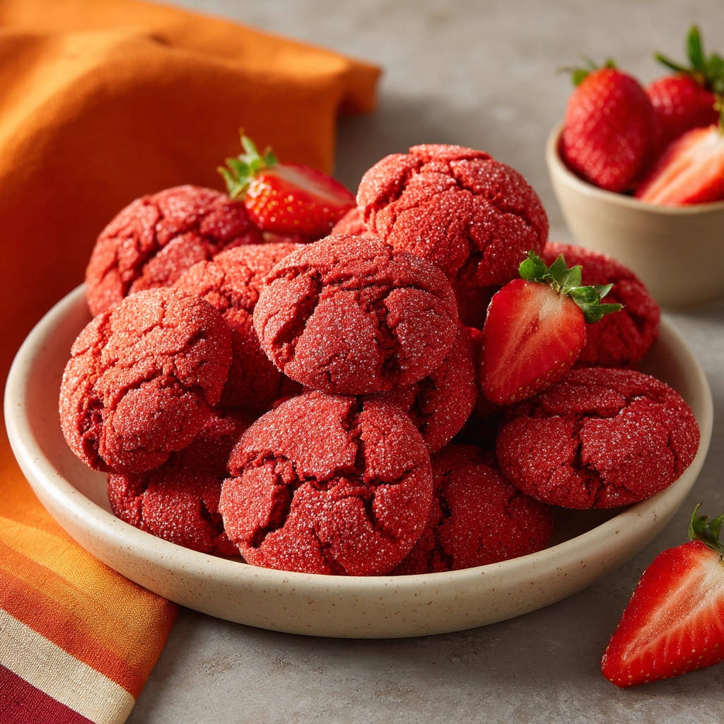 Perfekte Red Velvet Crinkle Cookies mit Erdbeeren, nah aufgenommen mit einer leichten Zuckerkruste und Rissen.
