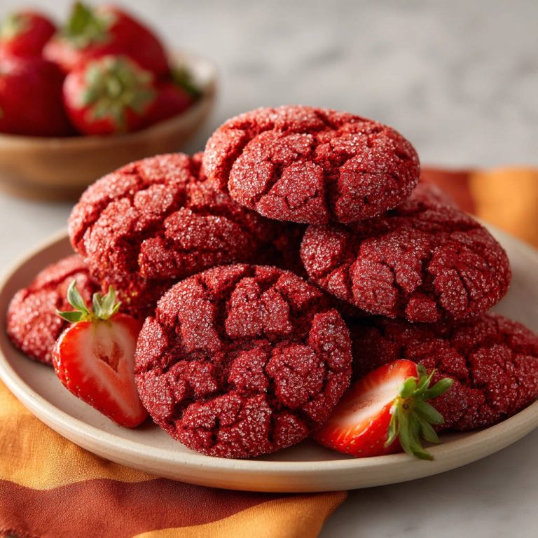 Perfekte Red Velvet Crinkle Cookies nahaufnahme auf einem Teller mit frischen Erdbeeren garniert, die ihre charakteristischen Risse zeigen.