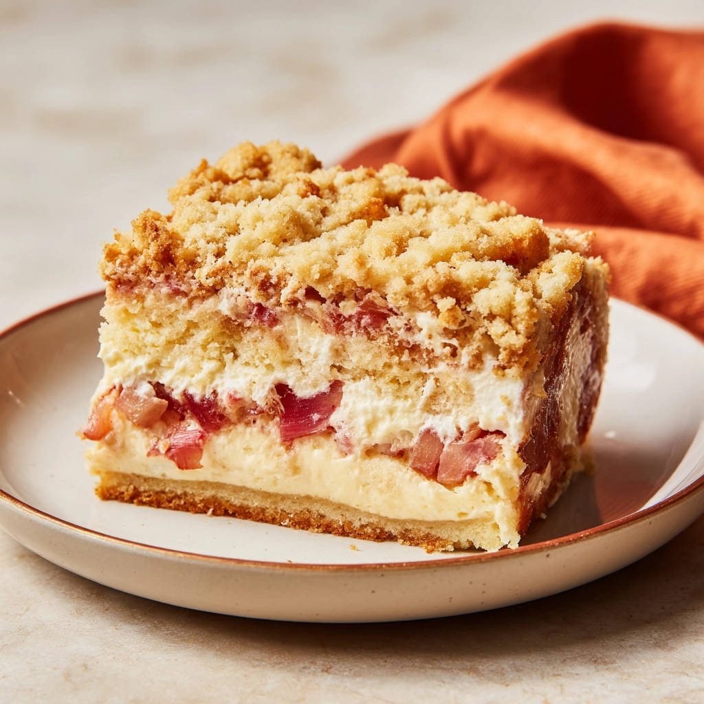 Rhabarber-Schichtkuchen mit Streuseln angeschnitten auf einem Teller, zeigt die cremige Füllung und saftigen Rhabarberstücke.