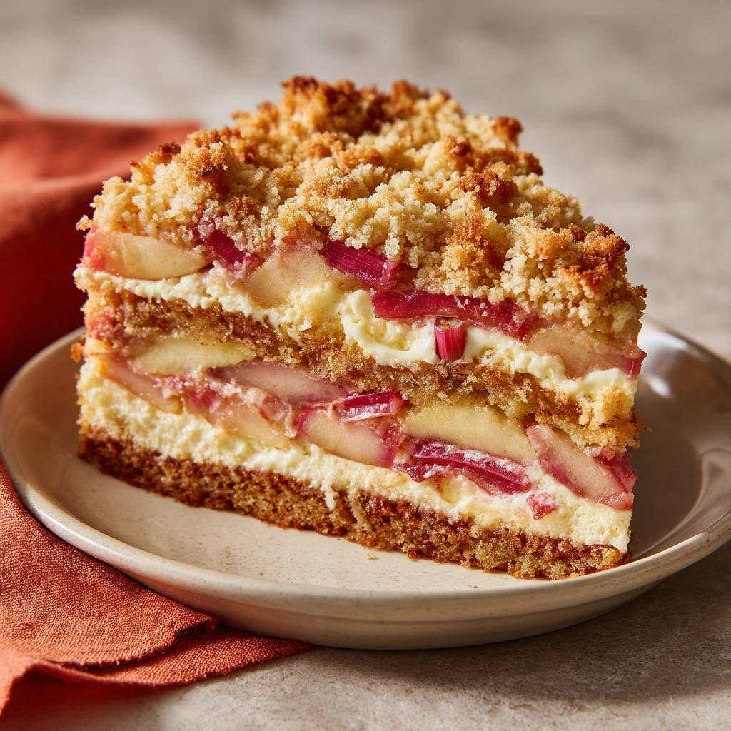 Rhabarber-Schichtkuchen mit Streuseln als angeschnittene Scheibe auf einem Teller, die saftigen Fruchtschichten sind gut sichtbar.