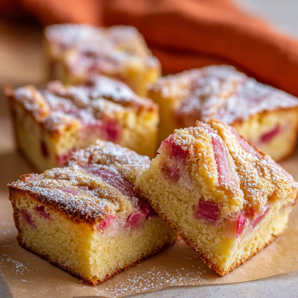 Rhabarber-Streuselkuchen angeschnitten, mit saftigen roten Rhabarberstücken und Puderzucker bestäubt