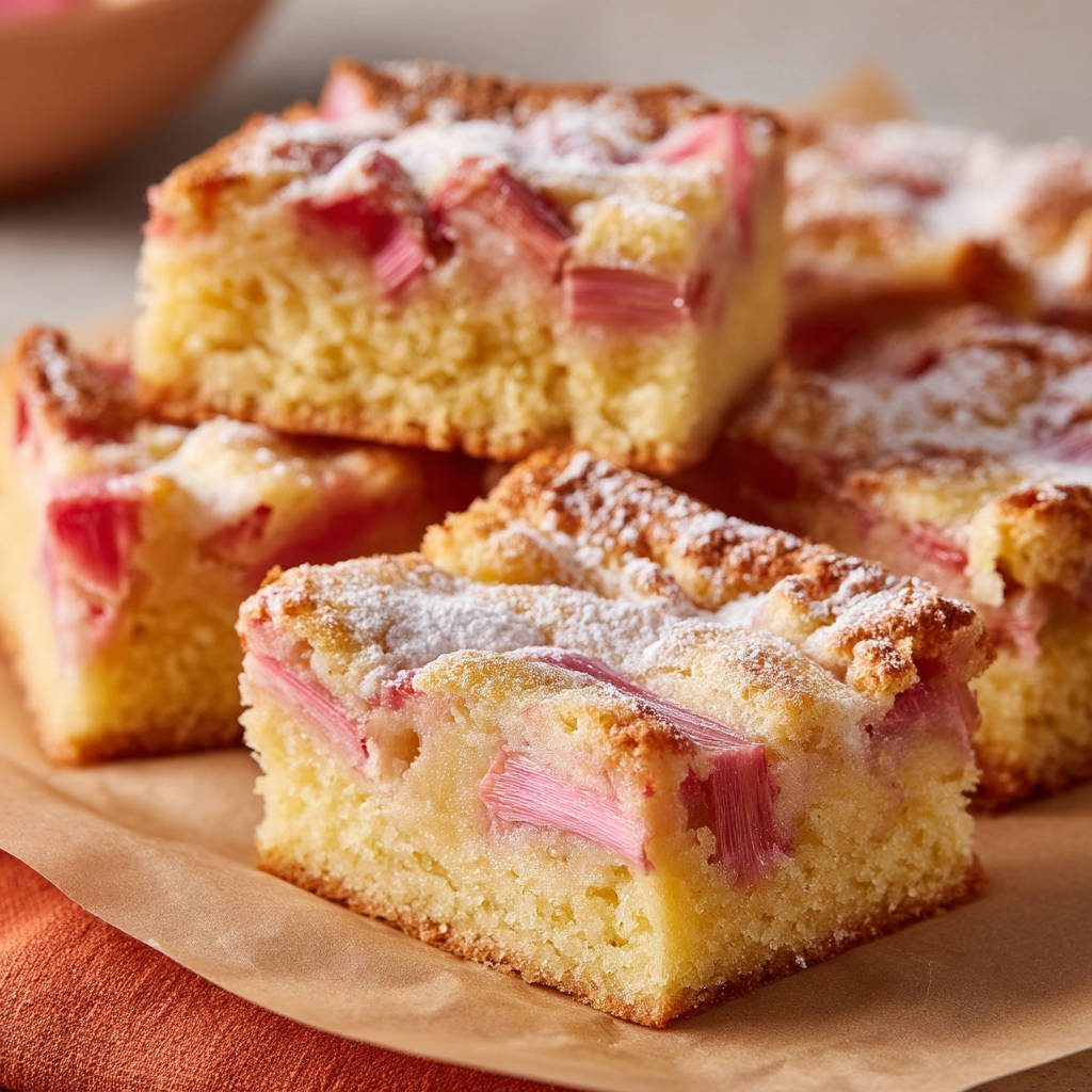 Rhabarber-Streuselkuchen angeschnitten auf Backpapier, mit Puderzucker bestäubt und saftigen Rhabarberstücken im Teig.