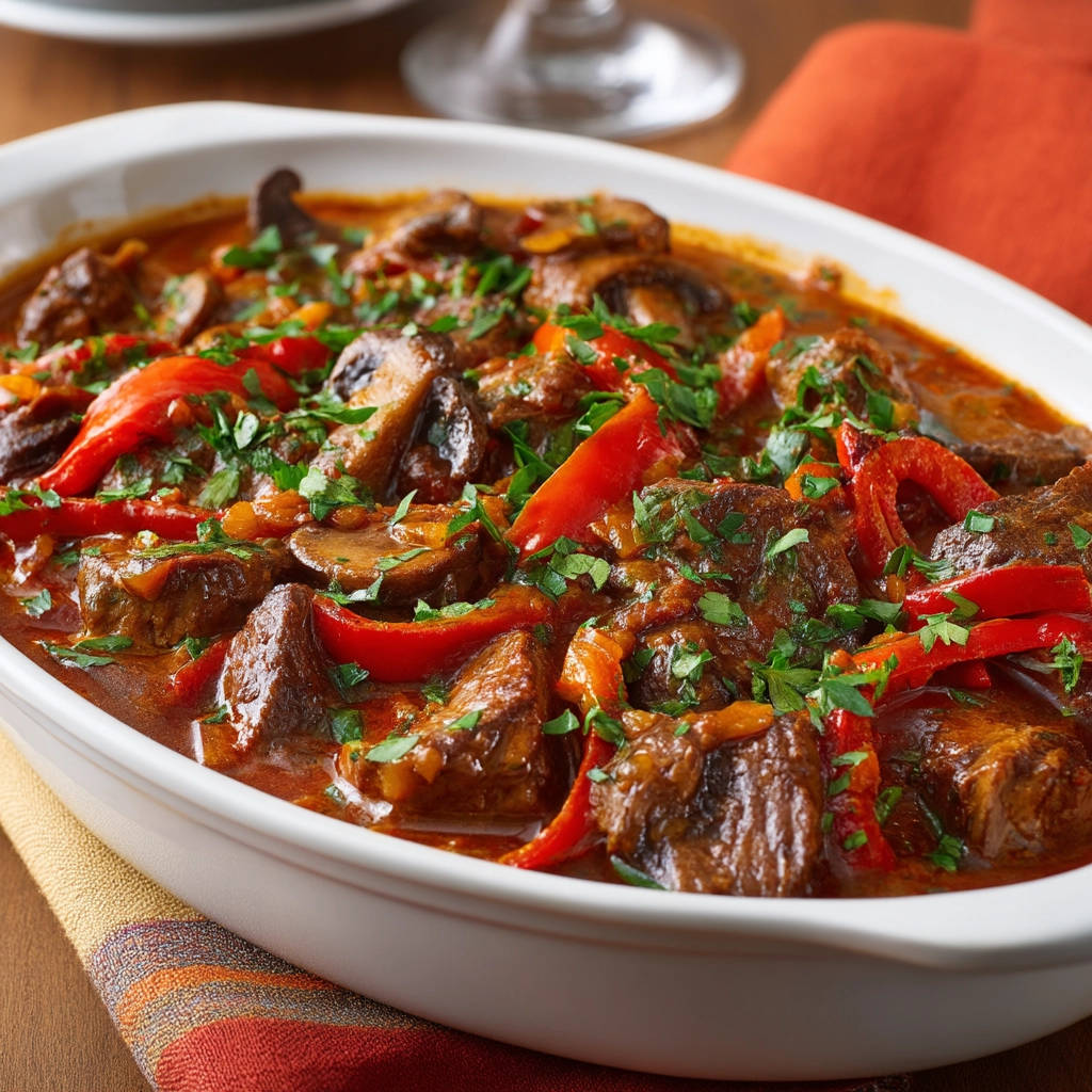 Rinder-Gulasch mit Paprika und Pilzen, eine Nahaufnahme des fertigen Gerichts mit frischer Petersilie garniert.