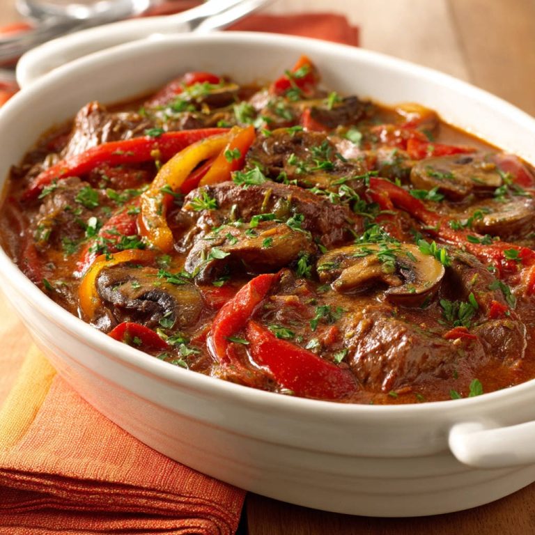 Rinder-Gulasch mit Paprika und Pilzen, eine Nahaufnahme des geschmorten Gerichts mit frischer Petersilie garniert.