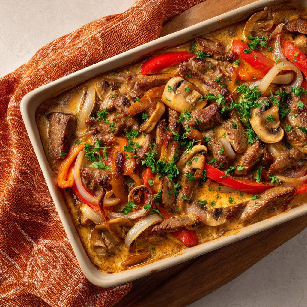Rinderpfanne aus dem Ofen mit Paprika, Zwiebeln und Pilzen, garniert mit frischer Petersilie in einer Auflaufform.