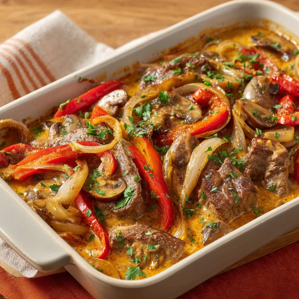 Rinderpfanne aus dem Ofen in einer Auflaufform mit Paprika, Pilzen und cremiger Sauce, garniert mit Petersilie.