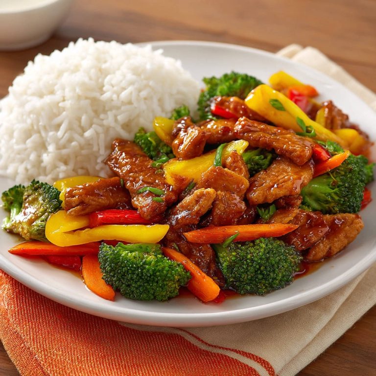 Rindfleisch-Gemüse-Pfanne mit Reis, serviert auf einem weißen Teller mit knackigem Brokkoli und bunten Paprika.