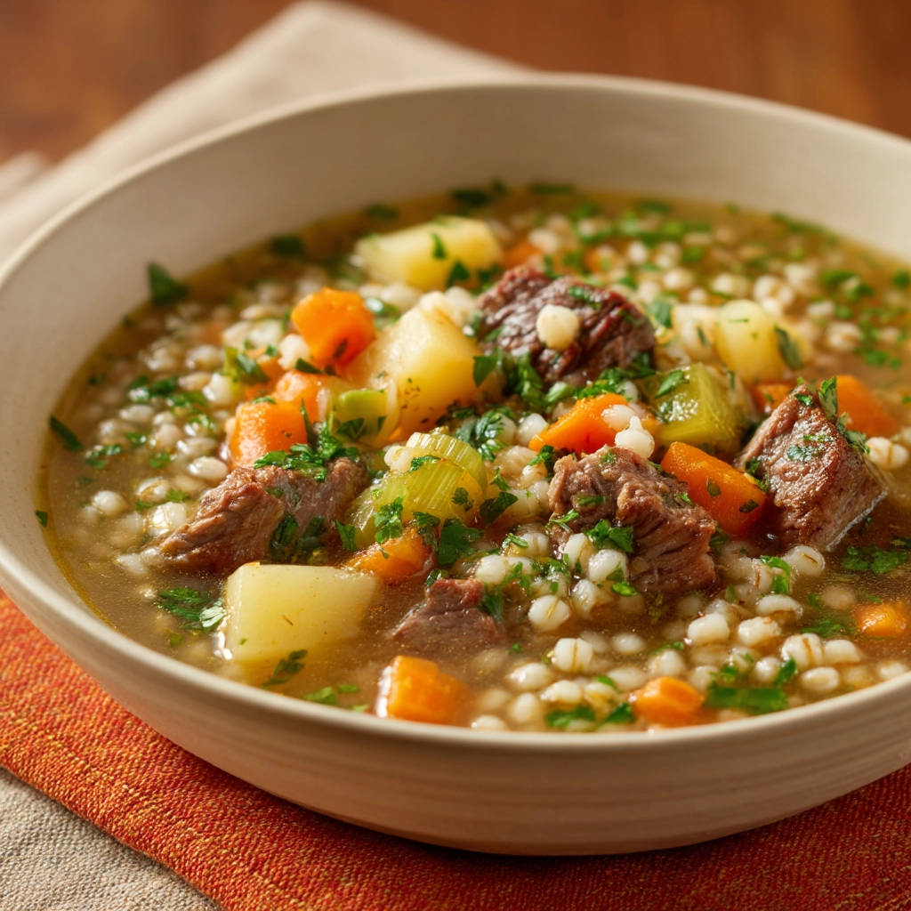 Rindfleisch-Gerstensuppe mit zarten Fleischstücken, Gerste, Kartoffeln und Karotten in einer Nahaufnahme.