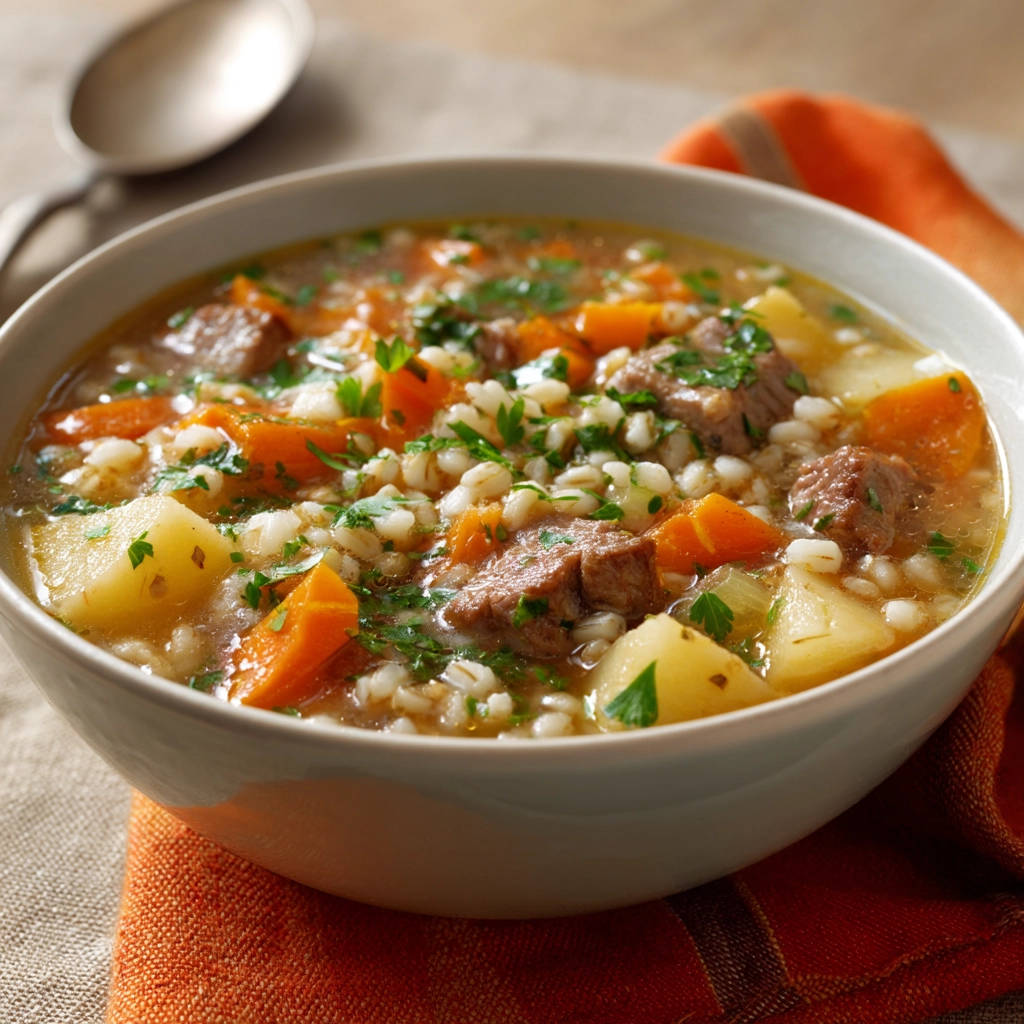 Rindfleisch-Gerstensuppe in einer Schüssel, Nahaufnahme mit Gerste, Karotten und Rindfleischstücken, garniert mit Petersilie.