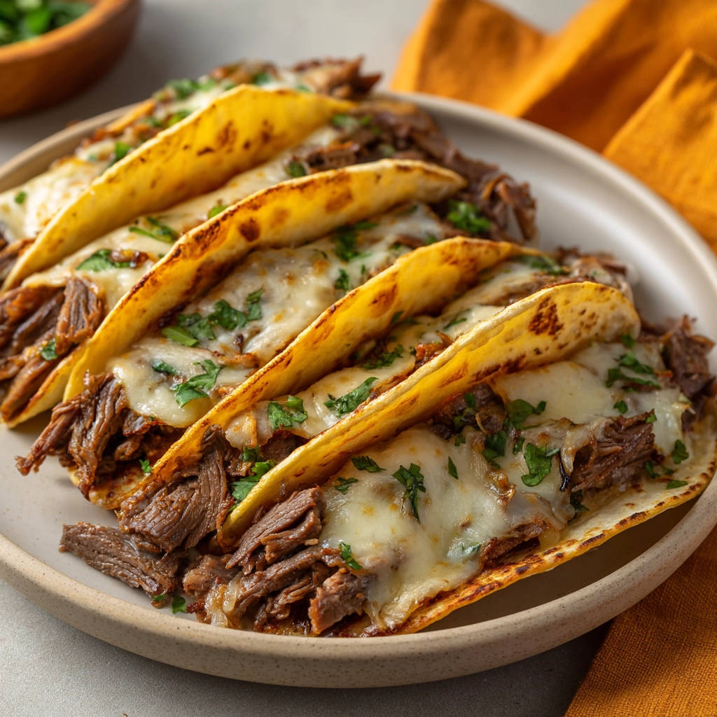 Knusprige Rindfleisch-Tacos mit geschmolzenem Käse und Koriander, auf einem Teller serviert, Nahaufnahme.