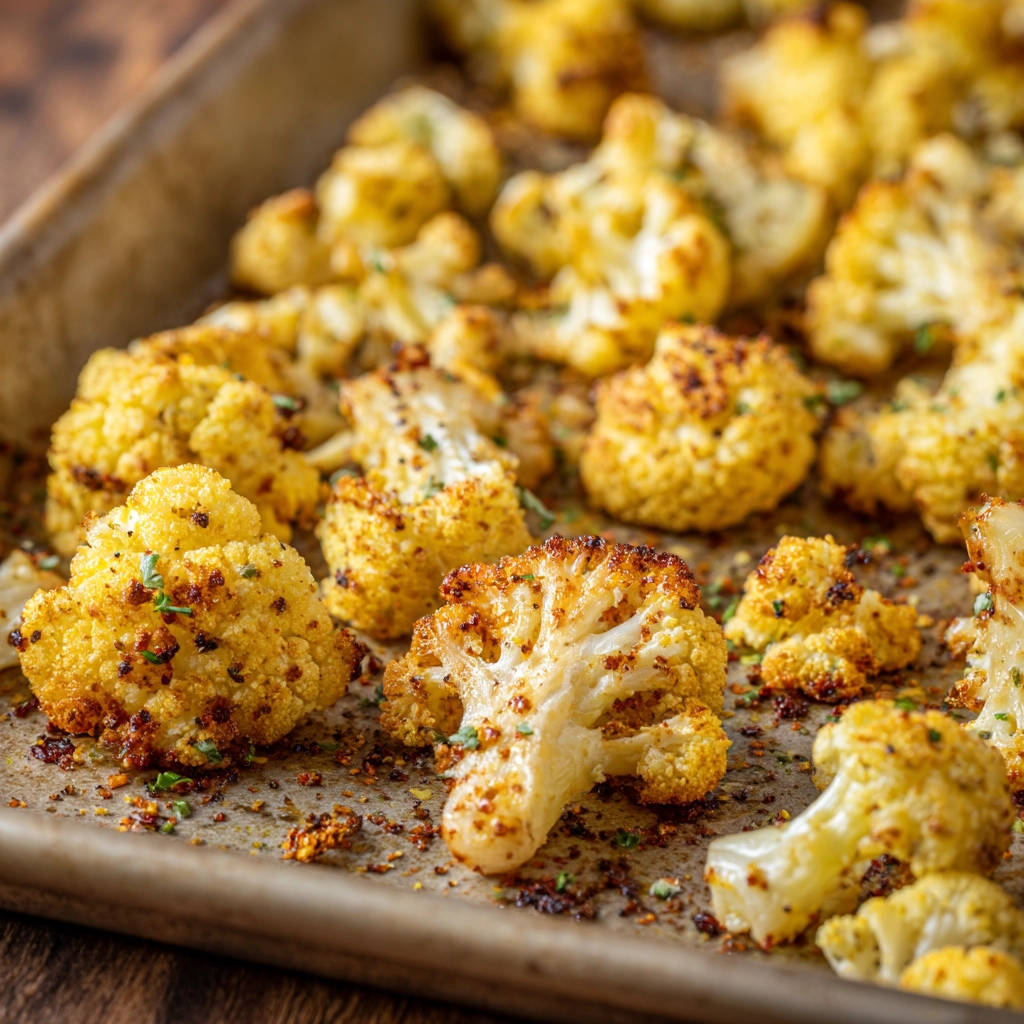 Rösti-Blumenkohl vom Blech, knusprig gebacken und mit Kräutern gewürzt, als Nahaufnahme auf dem Backblech.