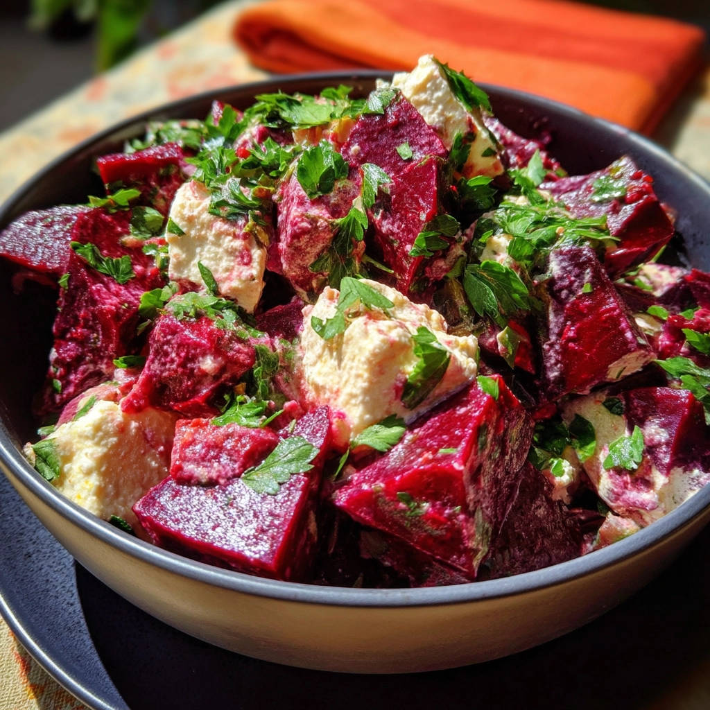 Rote Bete Salat mit Feta ist hier in einer Nahaufnahme mit frischer Petersilie garniert zu sehen.