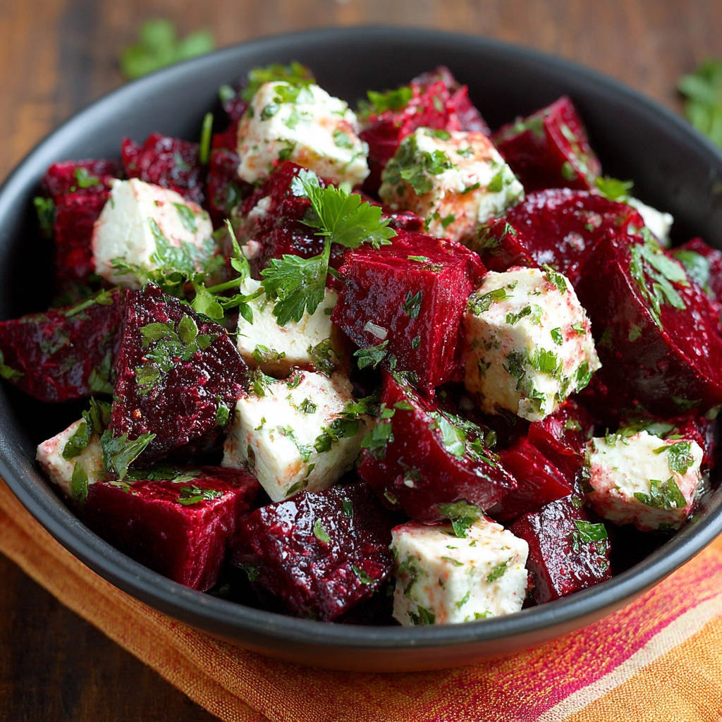 Rote Bete Salat mit Feta als Nahaufnahme in einer Schüssel, garniert mit frischer Petersilie.