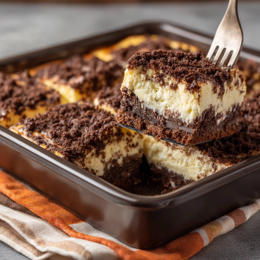 Russischer Zupfkuchen angeschnitten mit einer Gabel, zeigt die cremige Füllung und den schokoladigen Streusel.