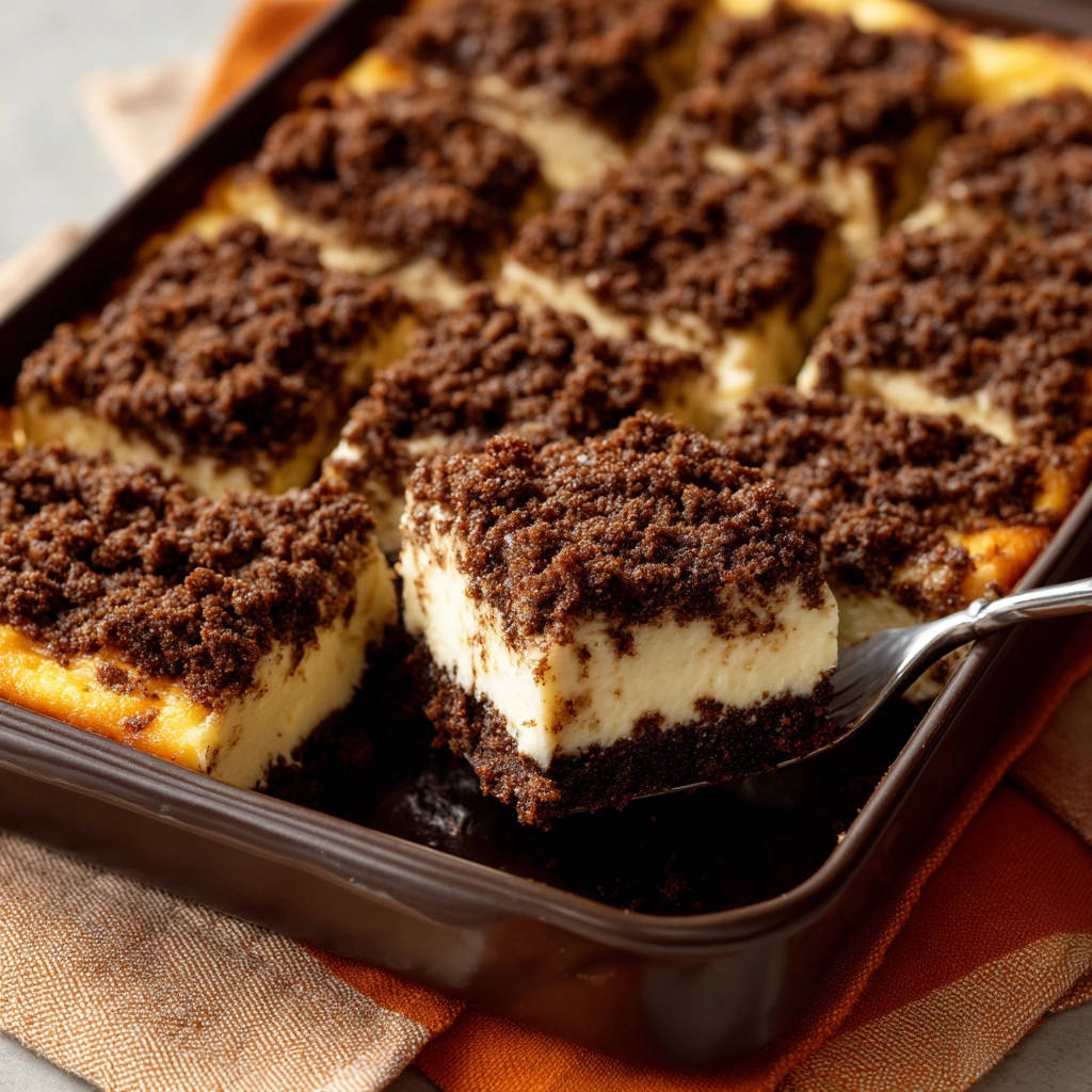 Russischer Zupfkuchen angeschnitten in einer Auflaufform mit einem Stück auf einer Gabel, Schokoladenstreusel und cremiger Käsemasse.