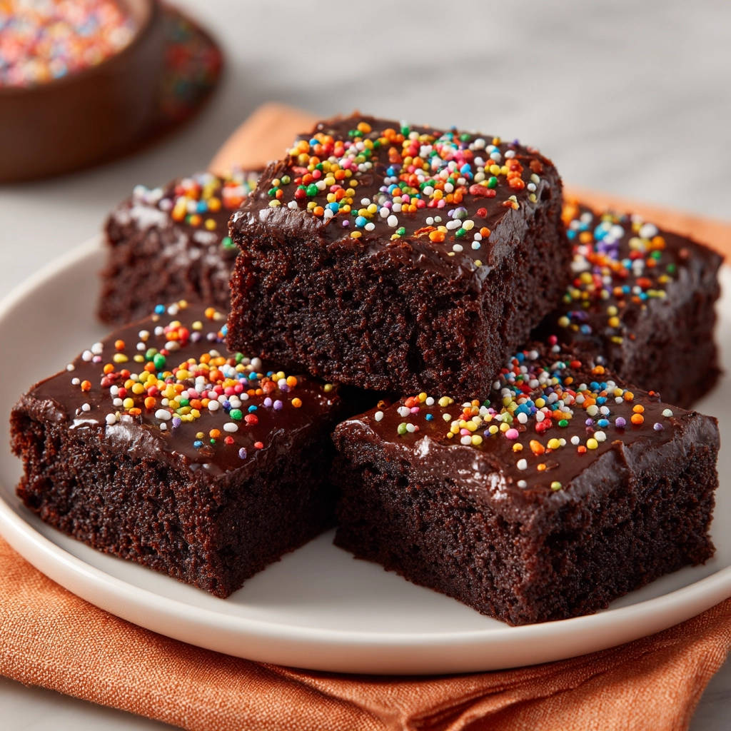 Saftige Brownies mit Schokoladenglasur und bunten Zuckerstreuseln auf einem Teller serviert.