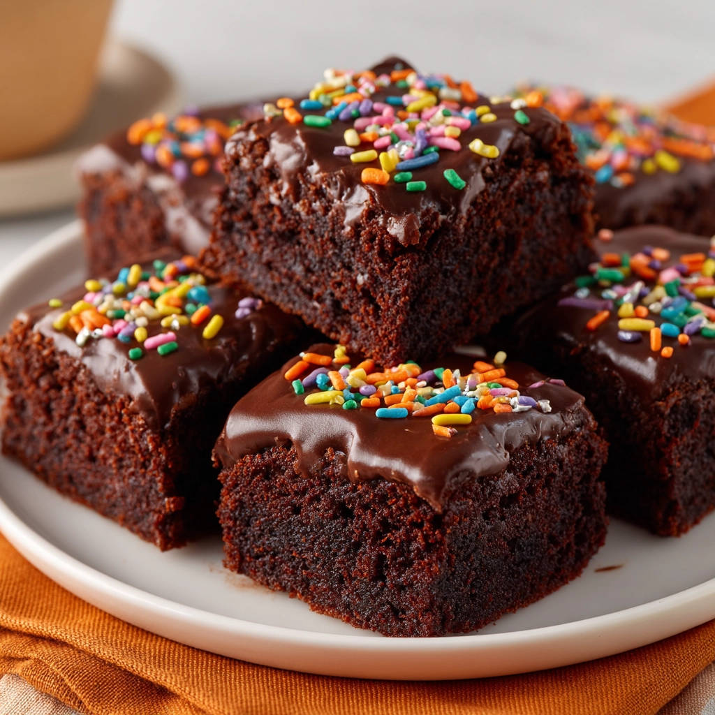 Saftige Brownies, garniert mit bunten Schokostreuseln und glasiert mit Schokolade, auf einem Teller serviert.
