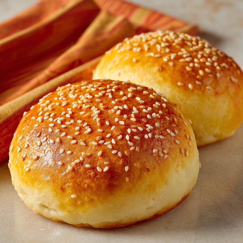 Saftige Burger Brötchen, frisch gebacken und mit Sesam bestreut, in einer Nahaufnahme auf einer hellen Oberfläche.