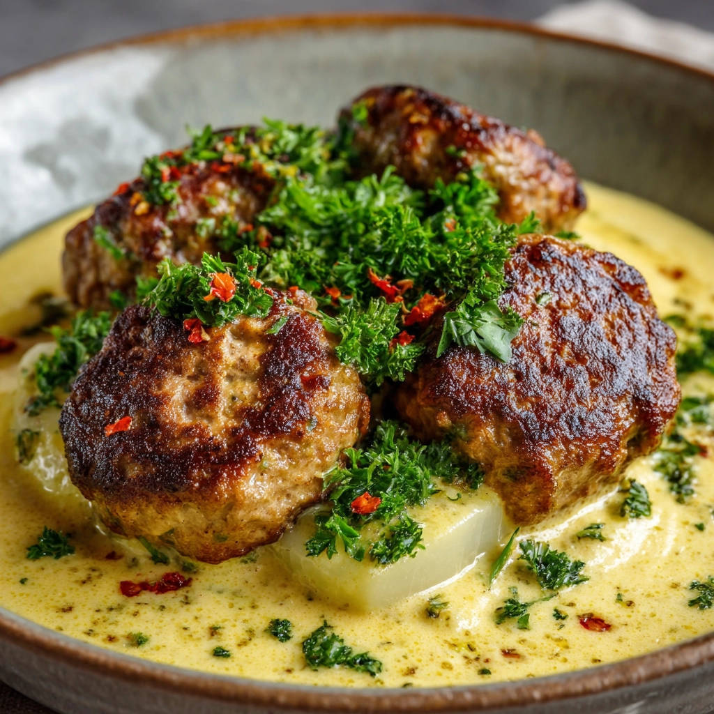 Saftige Frikadellen in cremiger Sauce, garniert mit frischer Petersilie und Chili, in einer Schüssel serviert.