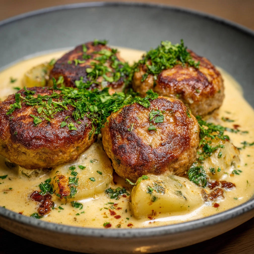 Saftige Frikadellen in cremiger Sauce serviert mit Kartoffeln, nahaufnahme mit Fokus auf die Textur der Frikadellen und die Sauce.