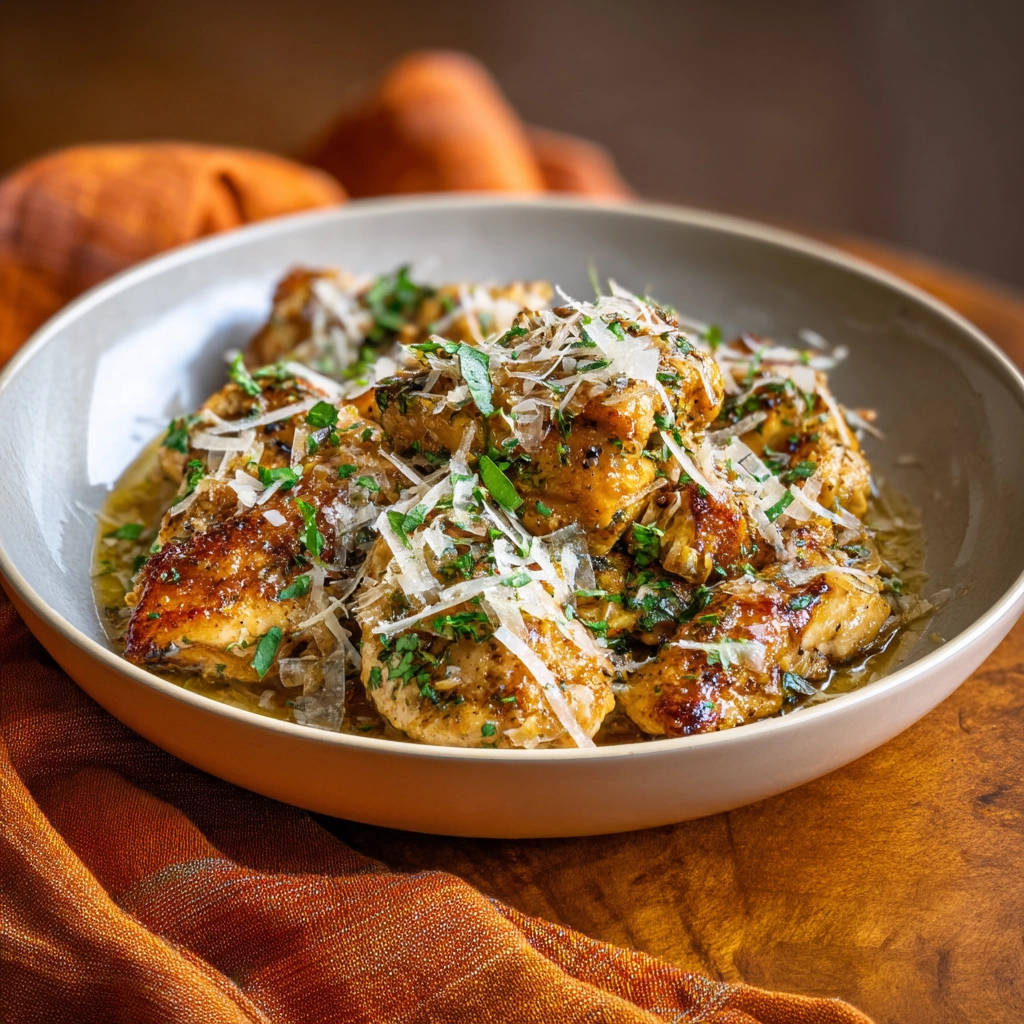 Saftige Hähnchenstücke in Kräutersauce mit Parmesan, nahaufnahme der Garnitur aus frisch geriebenem Parmesan und Petersilie.