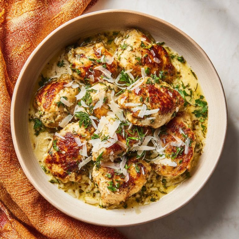 Saftige Hähnchenstücke in Kräutersauce mit Parmesan, serviert in einer Schüssel und mit frischer Petersilie und Parmesan garniert.