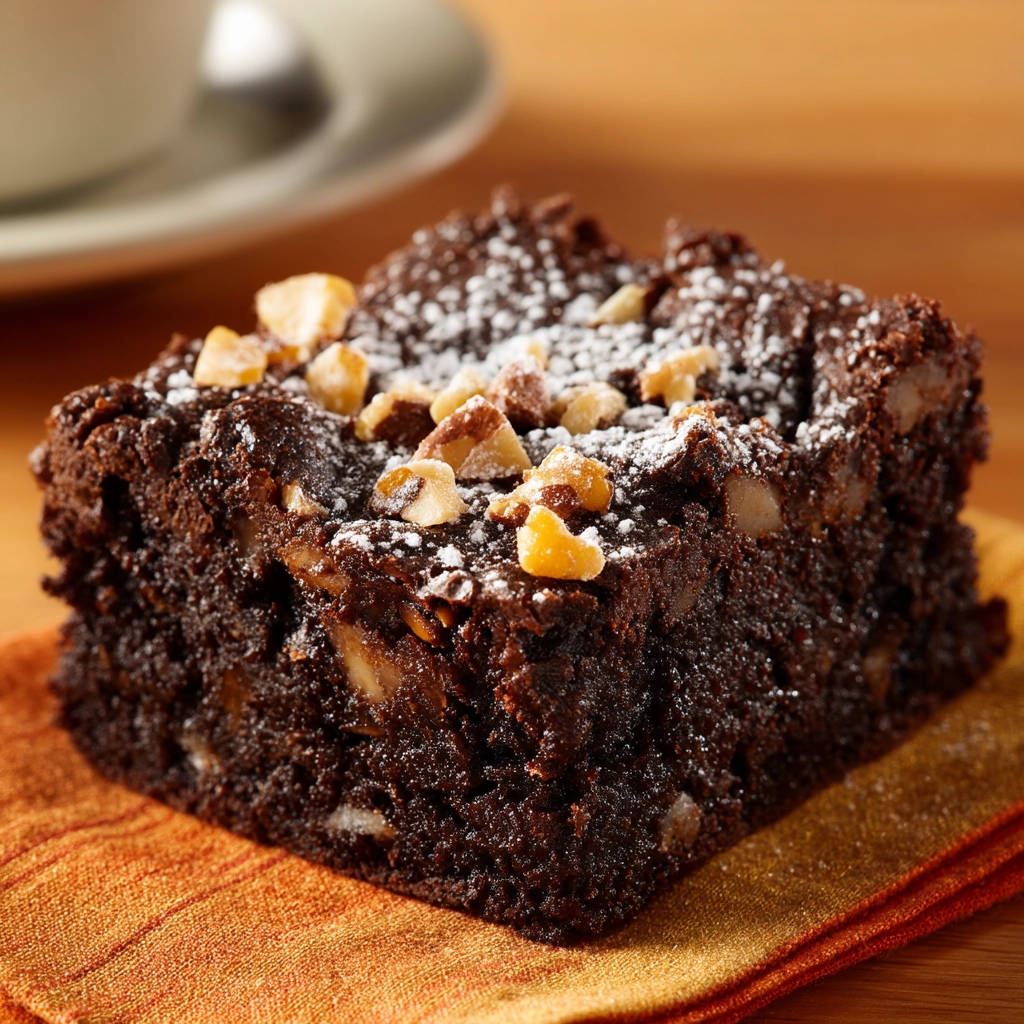 Saftige Schoko-Nuss-Brownies, garniert mit Puderzucker und gehackten Nüssen, auf einem orangen Tuch serviert.