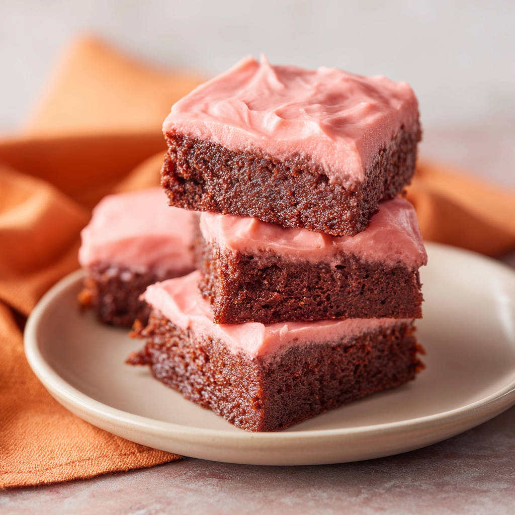 Saftige Schokoladen-Brownies mit Frischkässe-Frosting, gestapelt auf einem Teller mit orangem Tuch im Hintergrund.
