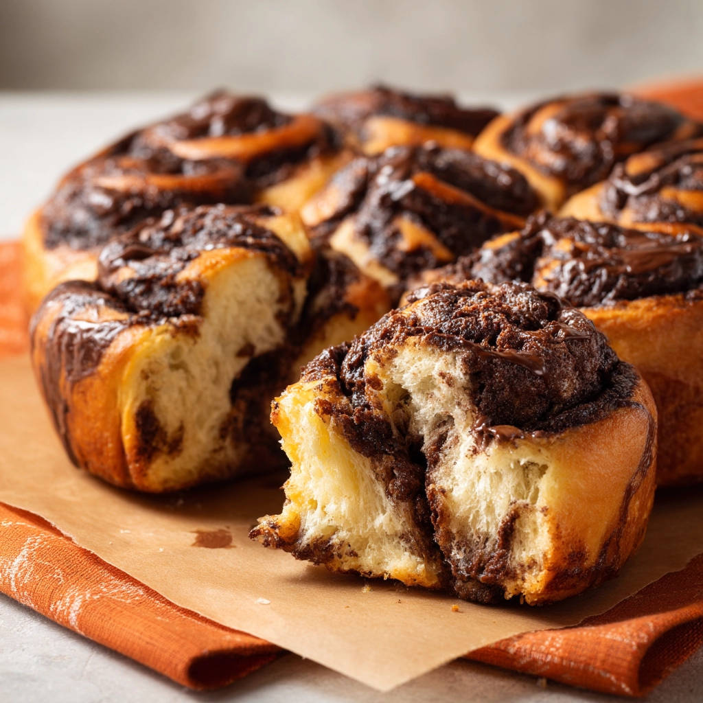 Saftige Schokoladen-Schnecken angeschnitten, die weiche Textur und die Schokoladenfüllung sind gut sichtbar.