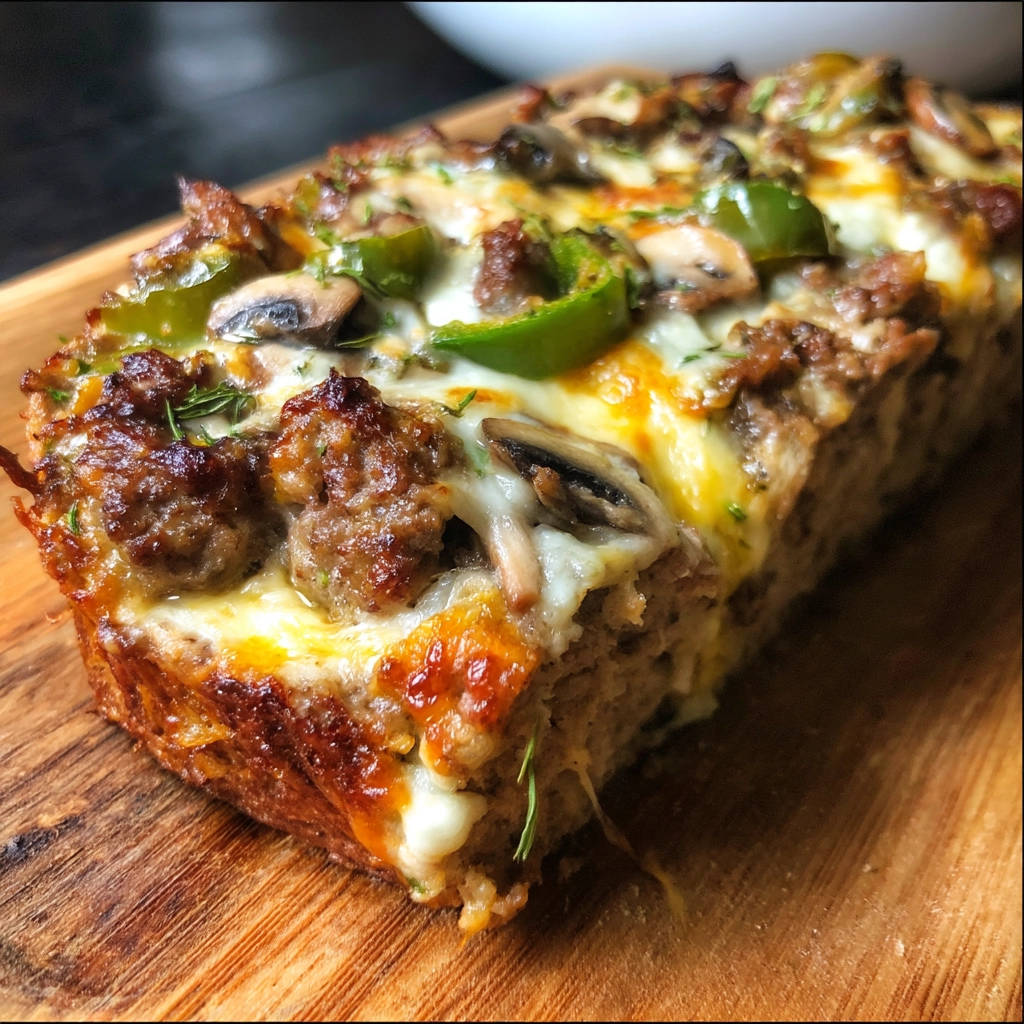 Saftiger Hackbraten mit Käse überbacken angeschnitten mit sichtbarem Inneren und Belag aus Paprika und Pilzen.