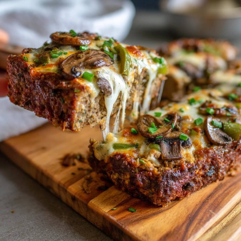 Saftiger Hackbraten mit Käse überbacken, angeschnitten und mit geschmolzenem Käse, Pilzen und Paprika belegt.