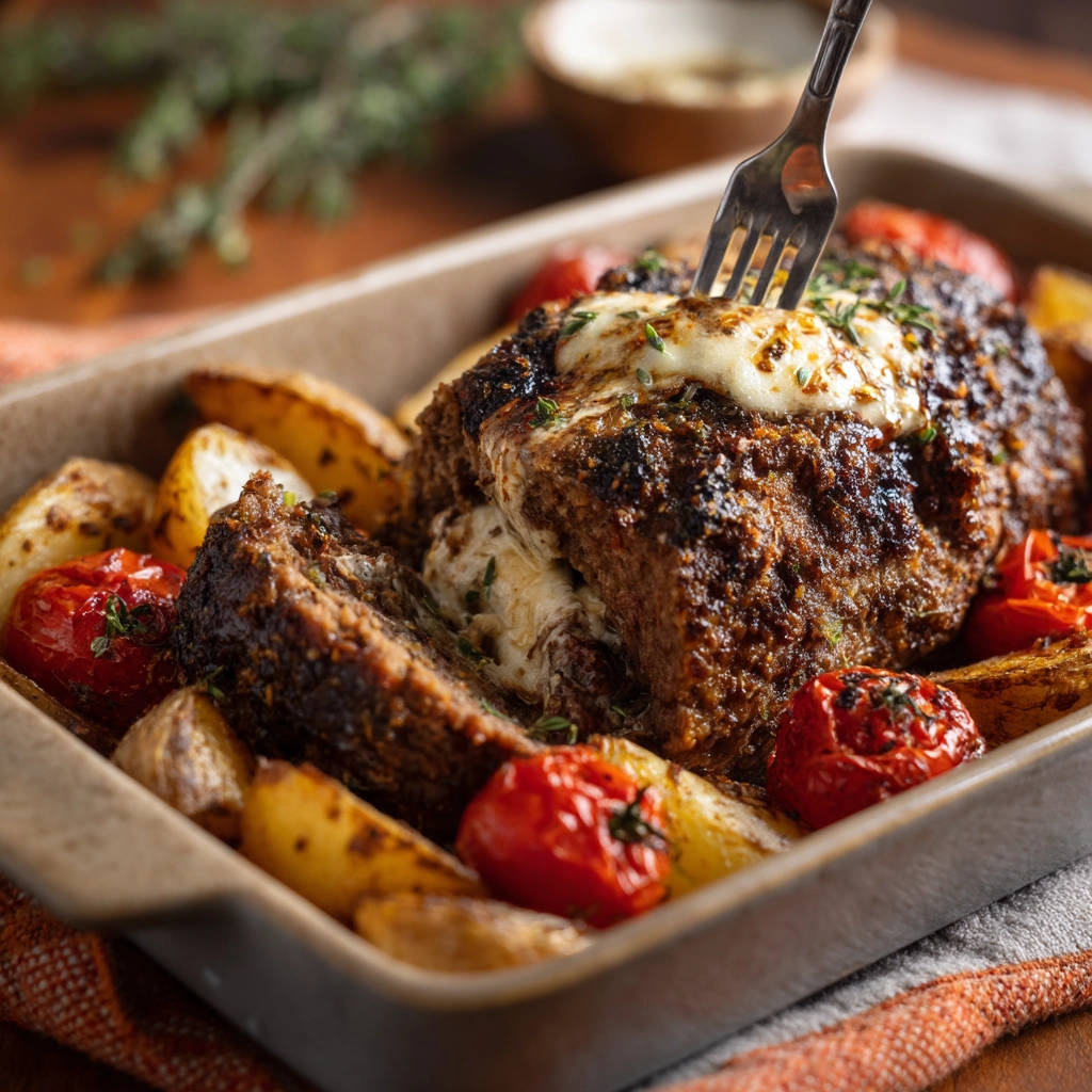 Saftiger Hackbraten mit Käsefüllung angeschnitten, mit geschmolzenem Käse und Beilagen serviert.