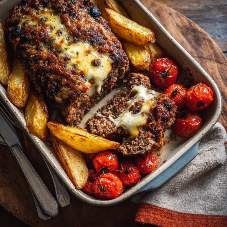 Saftiger Hackbraten mit Käsefüllung angeschnitten, mit geschmolzenem Käse im Inneren und Beilagen.
