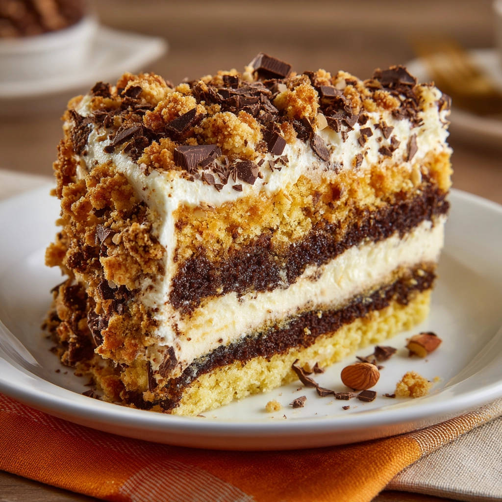 Saftiger Herbst-Schichtkuchen angeschnitten auf einem weißen Teller, mit Schokoladenstückchen und Streuseln garniert.